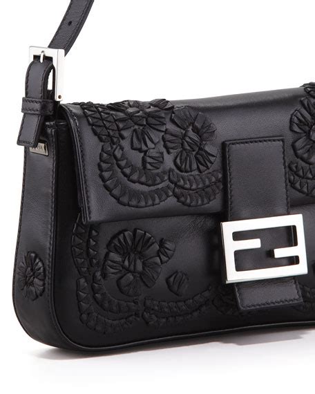 Fendi Embroidered Leather Baguette Shoulder Bag, Black